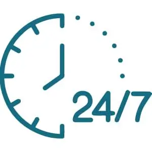 icon 24/24 7/7 bleu horloge avec écrit 24/7