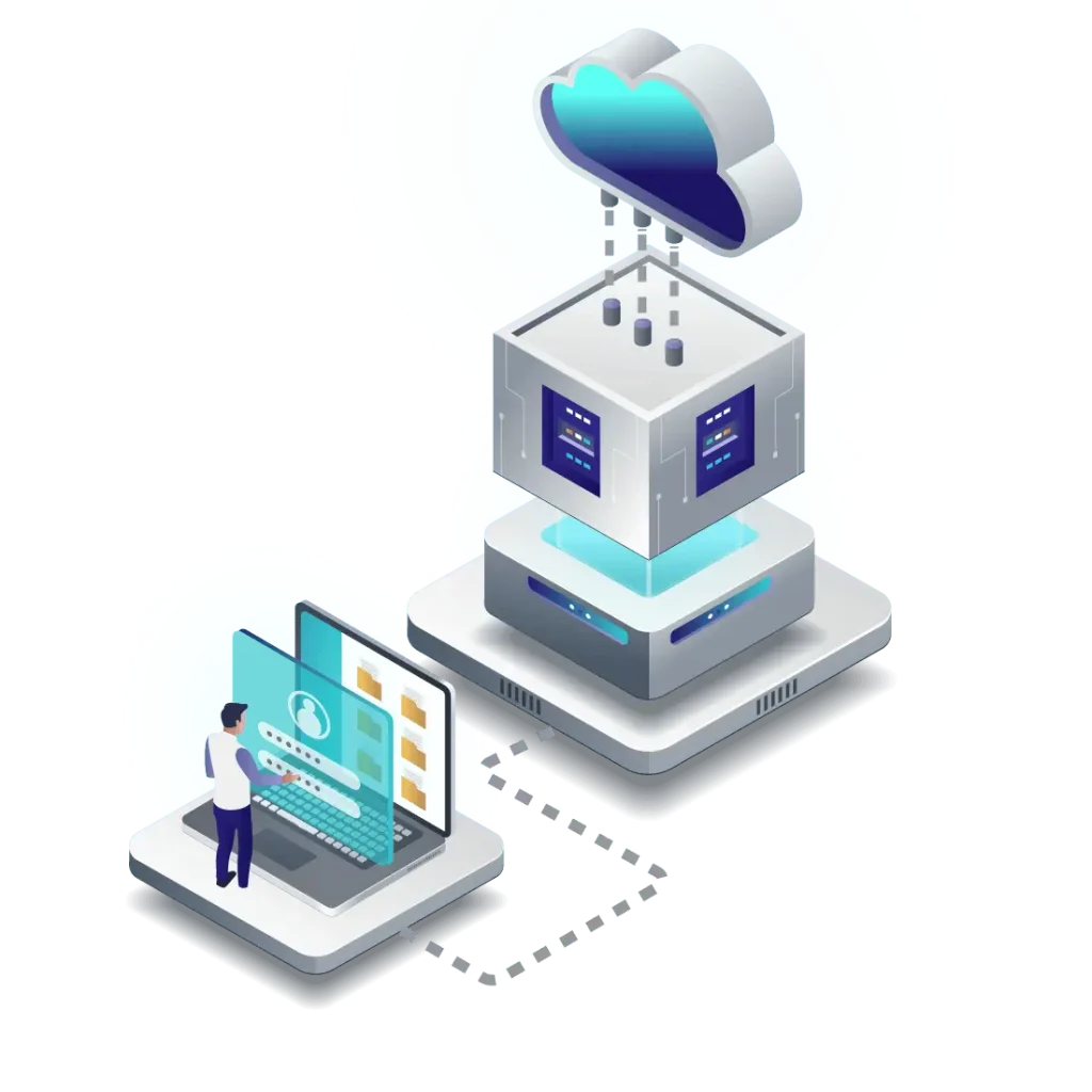 illustration back office scientifique sur ordinateur qui communique avec un serveur